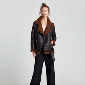 Gianni Bini Girls Black Aviator Shearling Jacket Asymmetrical Zipper size Large